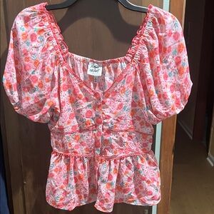 Pink and White Puff Sleeve Peplum Blouse